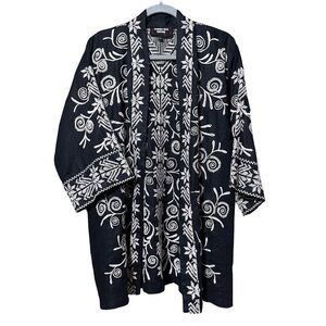 Johnny Was Black and White Embroidered Linen Kimono